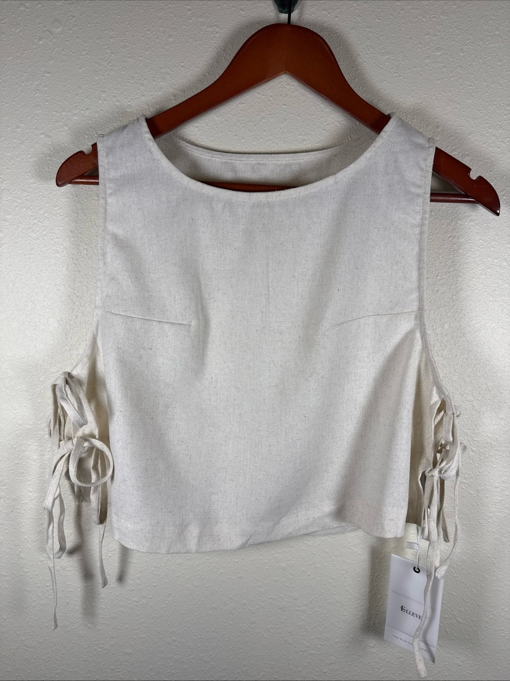 Elleven Linen Blend Cropped Tank Side Ties Cream Boho Beach Small